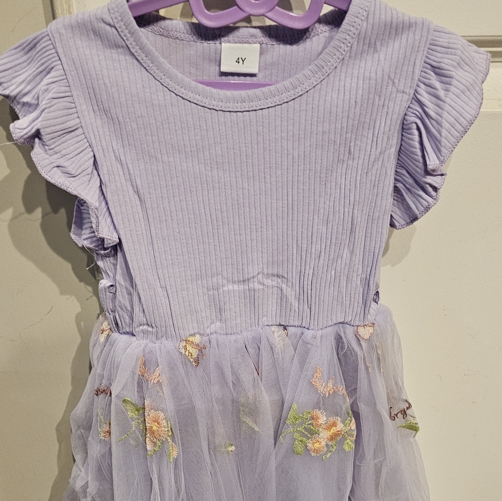 Charming Lilac Kids Dress with Floral Details Tulle Ruffle  Sizes 1Y , 2Y An 4Y